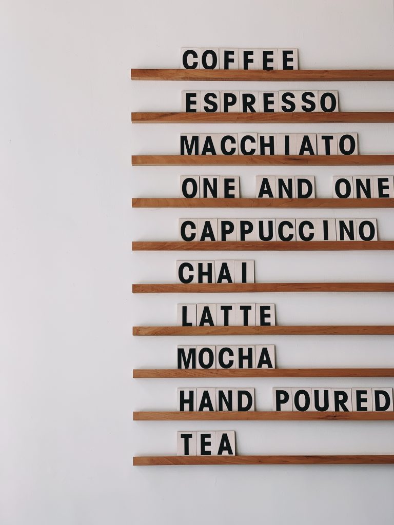 The types of coffee in a shop